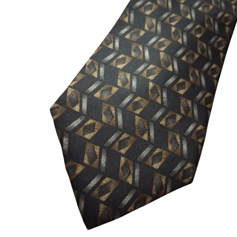 Barrington Mens Silk Tie Black Gold Silver Geometric Diamond Chevron Pattern